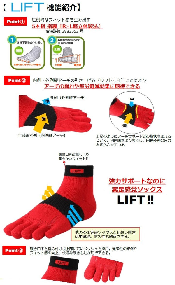 【左足+1足組(1.5足)】LIFT ランニング アーチサポート ソックス(5本指) RA-3001【新色追加】 - 2